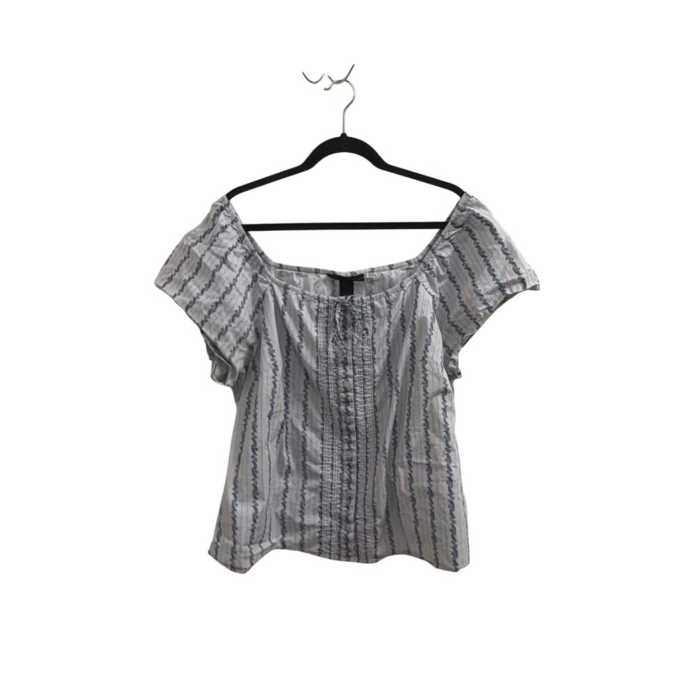 Blouse Paisley Cottagecore Venezia Women 22/24 White Blue Stripe Square Neck Cap